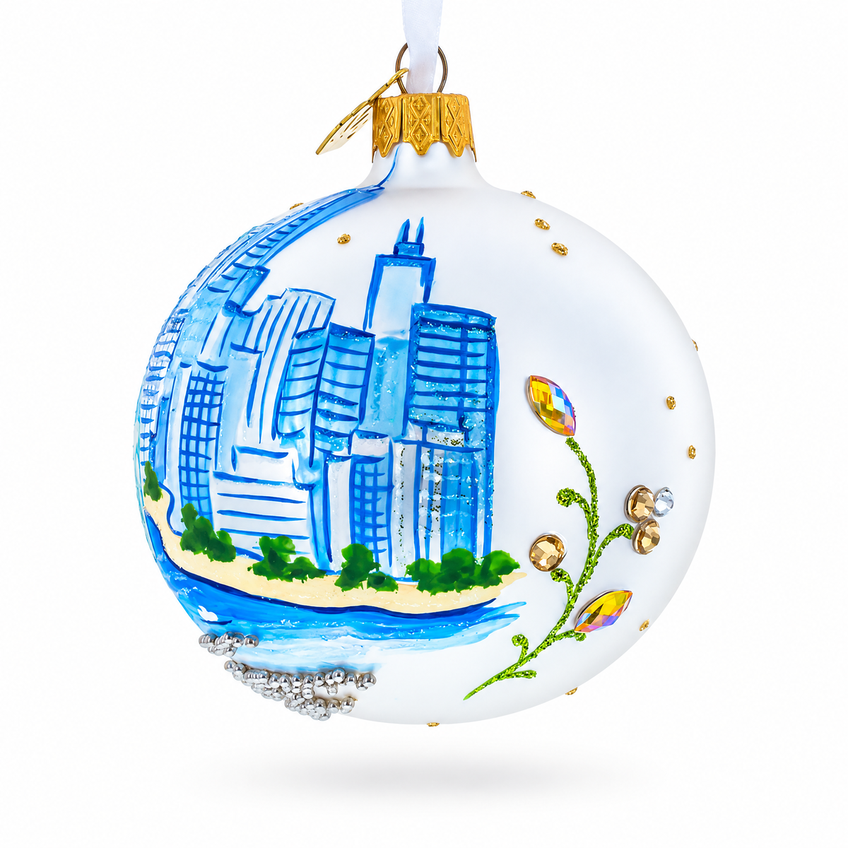Statue of Liberty, New York City Skyline Jeweled Glass Ball Christmas Ornament 3.25 Inches