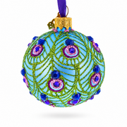 Blue Ball with Glittered Peacock Feather Design Glass Ball Christmas Ornament