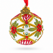 Gold Floral Design with Red Jewel Accents Glass Ball Christmas Ornament