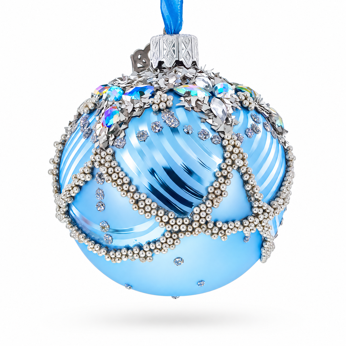 Silver Beaded Lattice with Iridescent Jewels Glass Ball Christmas Ornament