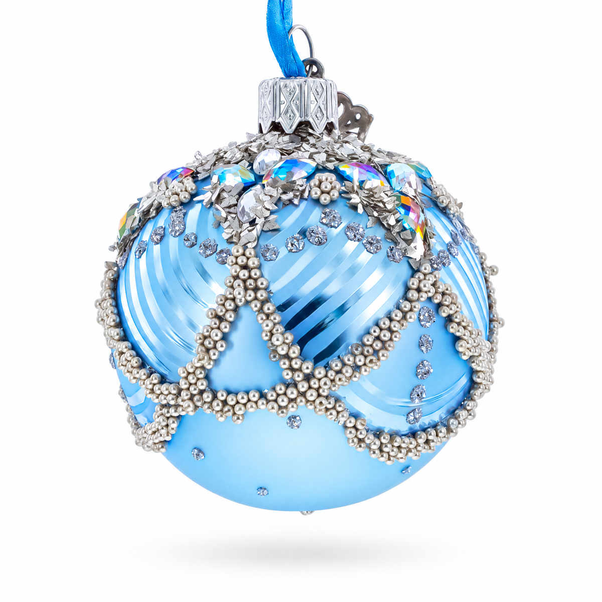 Silver Beaded Lattice with Iridescent Jewels Glass Ball Christmas Ornament