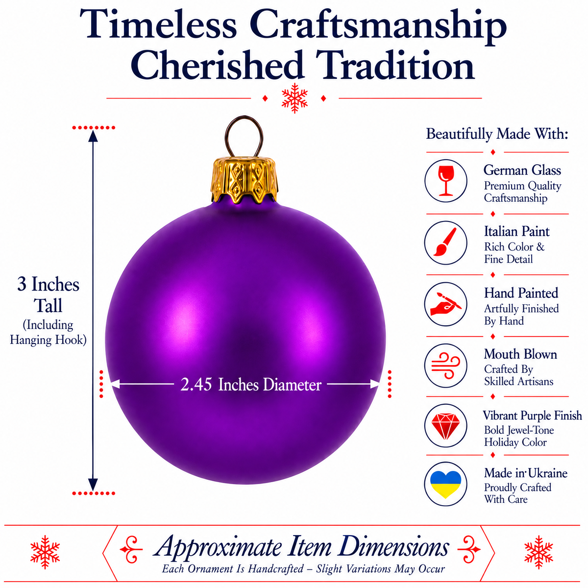 Set of 6 Matte Purple Glass Ball Christmas Ornaments 2.4 Inches