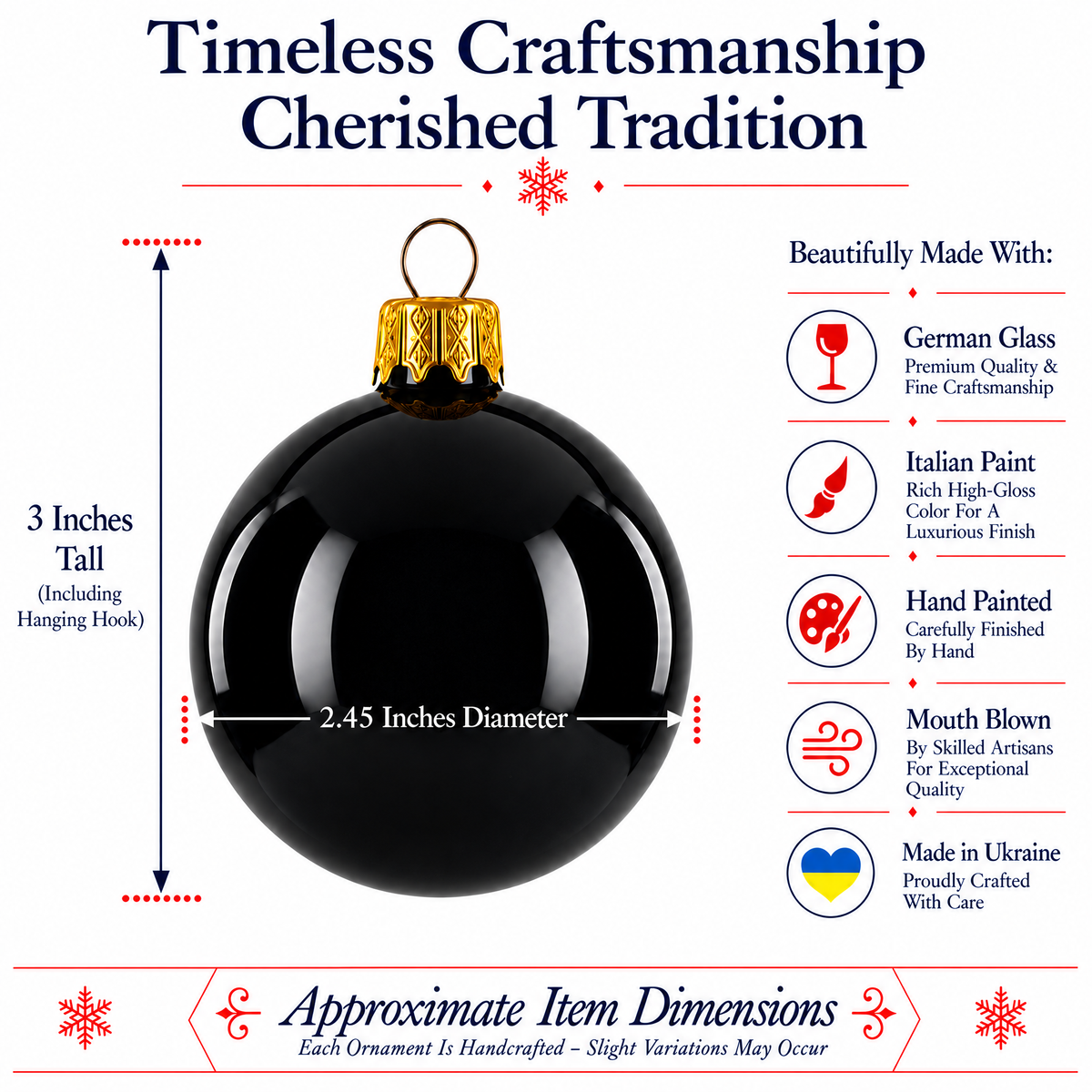Set of 6 Glossy Black Glass Ball Christmas Ornaments 2.4 Inches