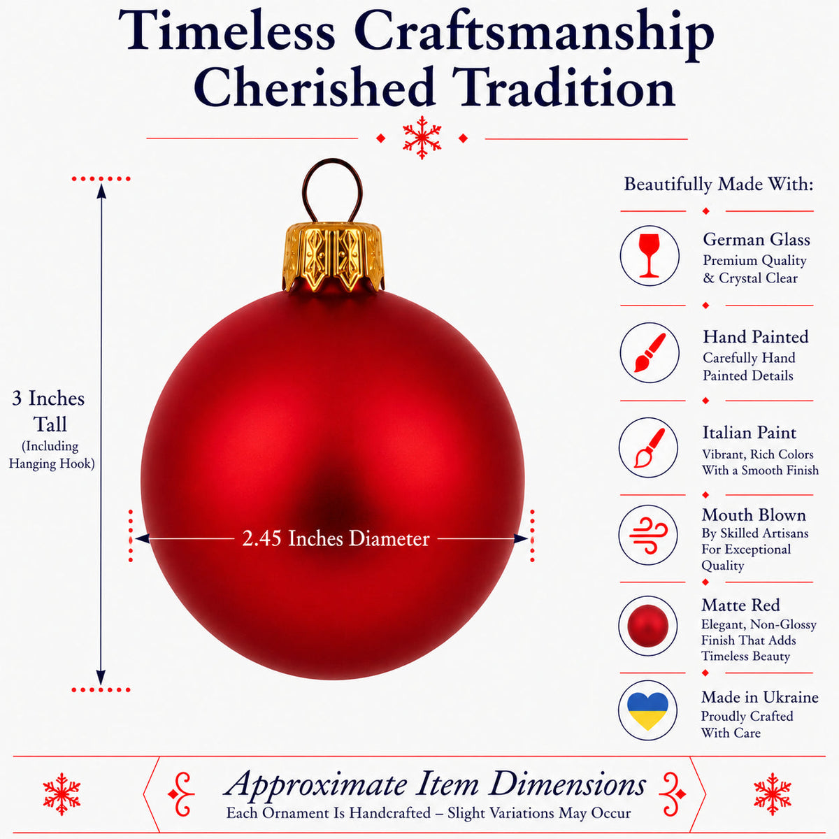 Set of 6 Matte Red Glass Ball Christmas Ornaments 2.4 Inches