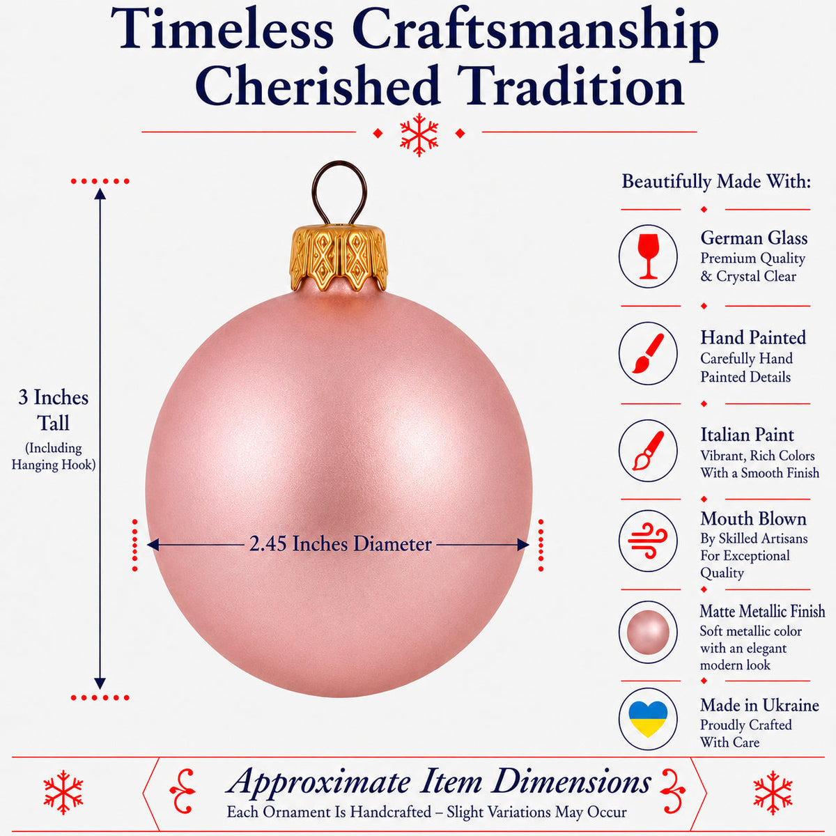 Set of 6 Matte Metallic Pink Glass Ball Christmas Ornaments 2.4 Inches