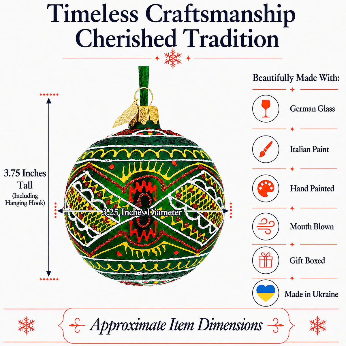 Green Geometric Ukrainian Glass Ball Christmas Ornament 3.15 Inches