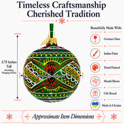 Green Geometric Ukrainian Glass Ball Christmas Ornament 3.15 Inches