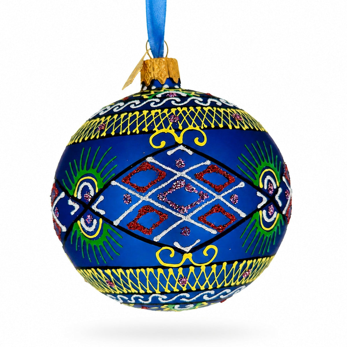 Blue Geometric Ukrainian Glass Ball Christmas Ornament 3.25 Inches