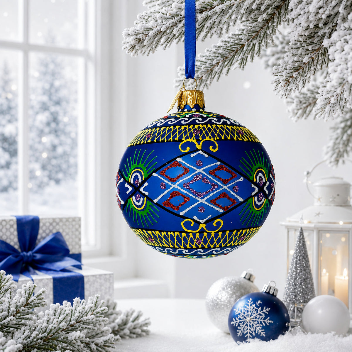 Blue Geometric Ukrainian Glass Ball Christmas Ornament 3.25 Inches