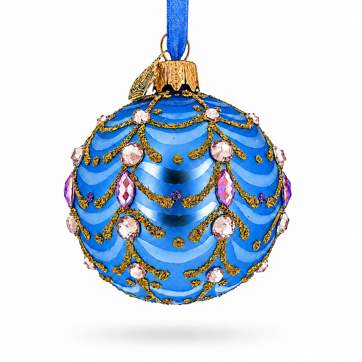 Ornate Blue Scrollwork Pink Gem Glass Ball Christmas Ornament