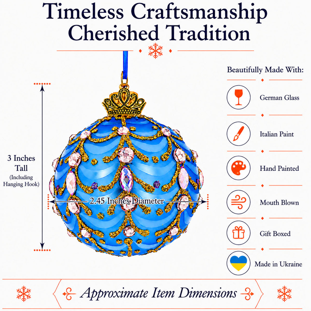 Ornate Blue Scrollwork Pink Gem Glass Ball Christmas Ornament