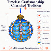Ornate Blue Scrollwork Pink Gem Glass Ball Christmas Ornament