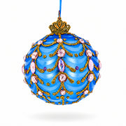 Ornate Blue Scrollwork Pink Gem Glass Ball Christmas Ornament