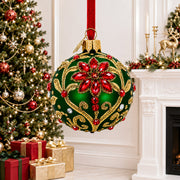 Jeweled Emerald Green Poinsettia Glass Ball Christmas Ornament