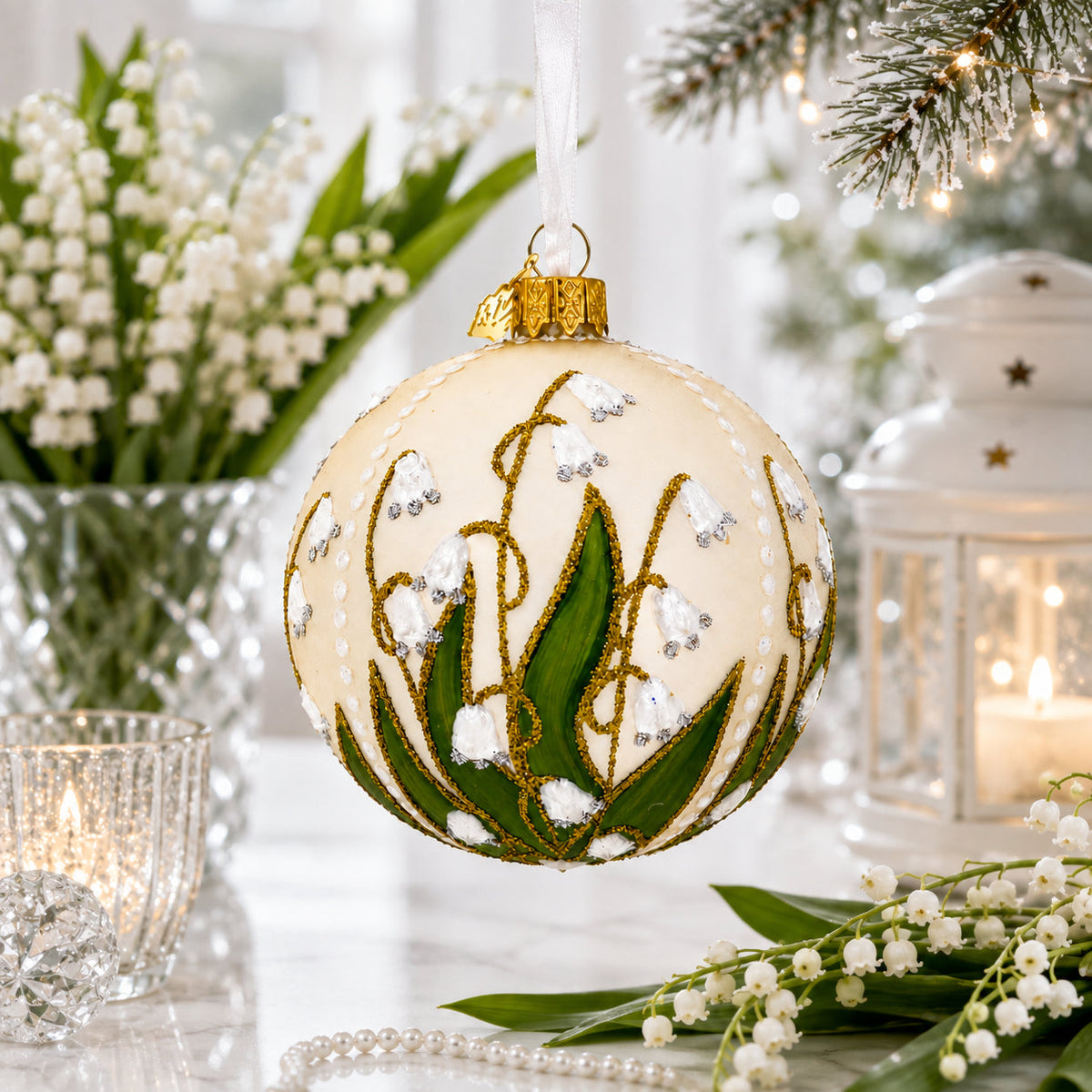 Lily of the Valley on Beige Glass Ball Christmas Ornament