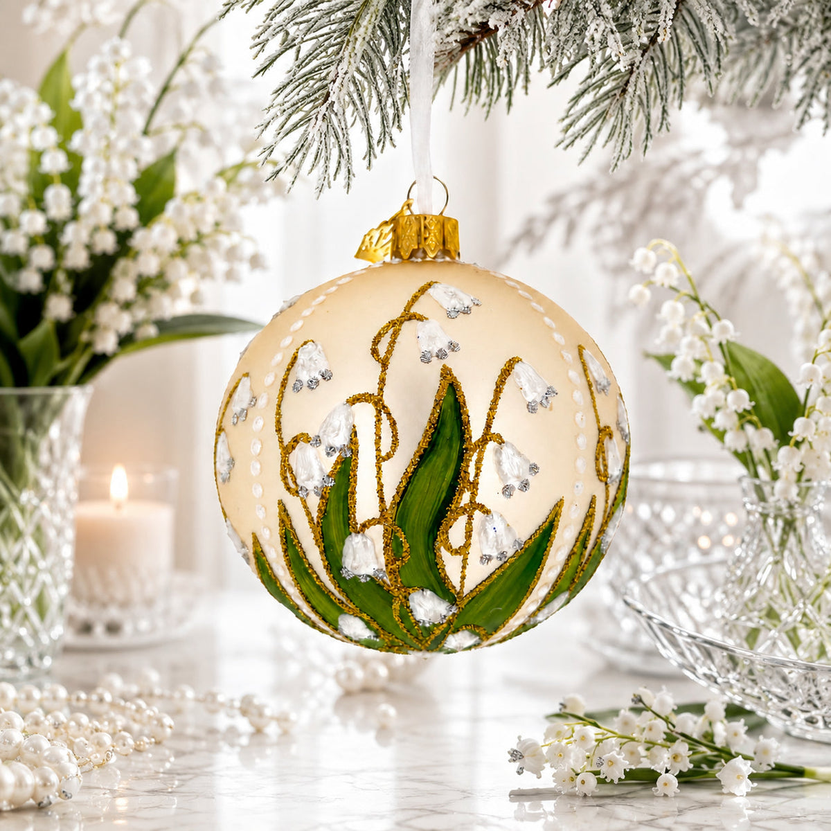 Lily of the Valley on Gold Glass Ball Christmas Ornament