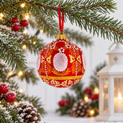 Ornate Floral Medallion on Matte Red Glass Ball Christmas Ornament