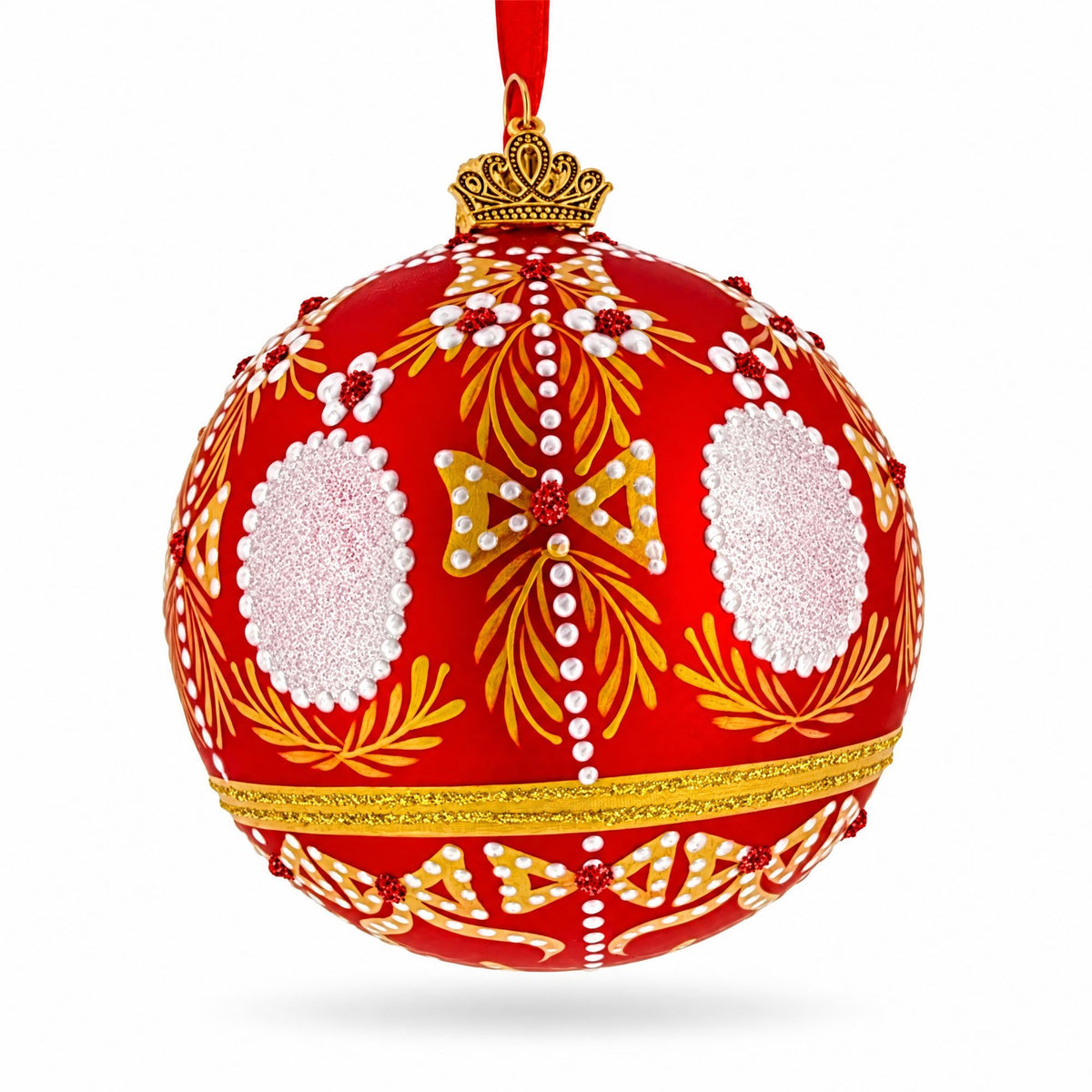 Ornate Floral Medallion on Matte Red Glass Ball Christmas Ornament