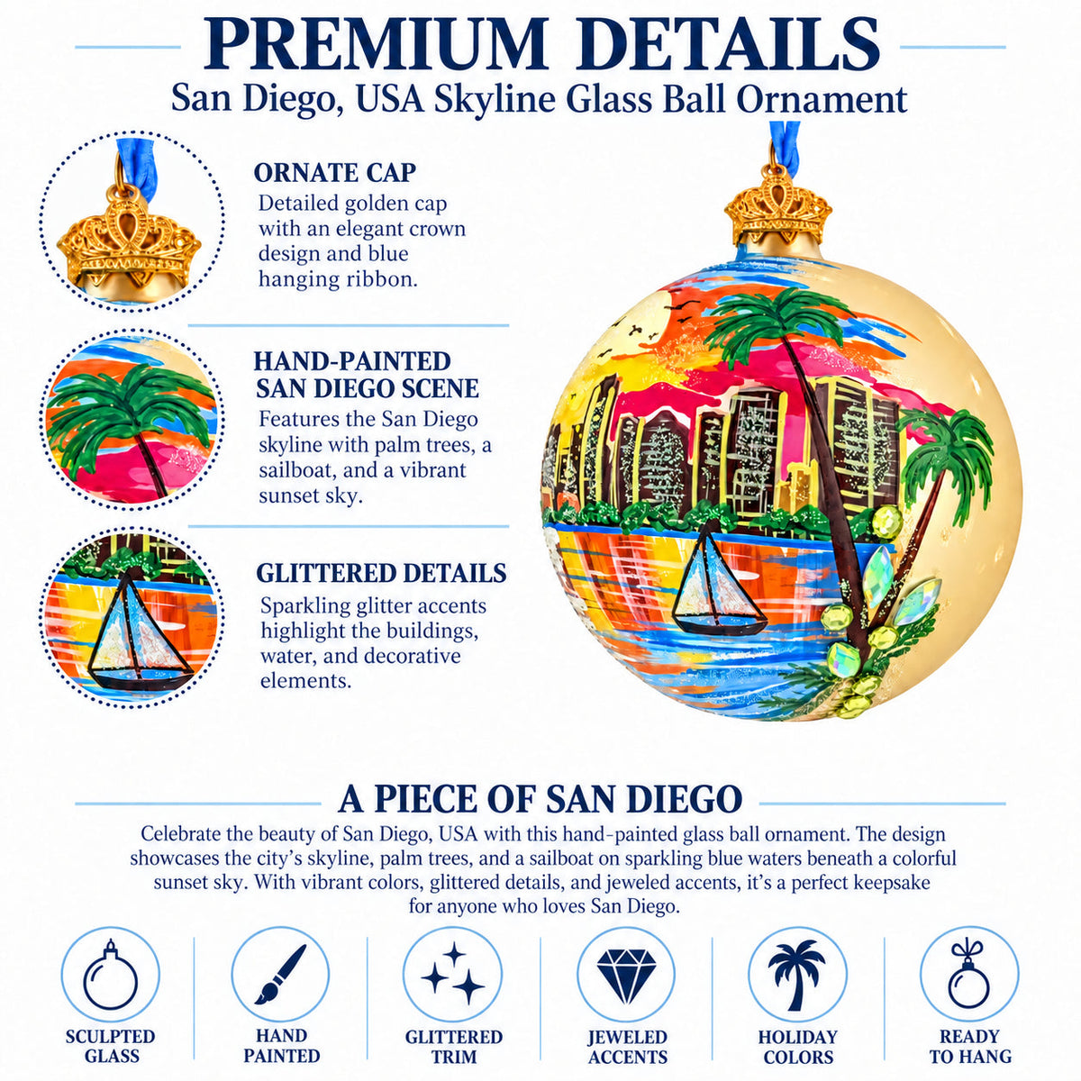 San Diego, USA Skyline Glass Ball Christmas Ornament