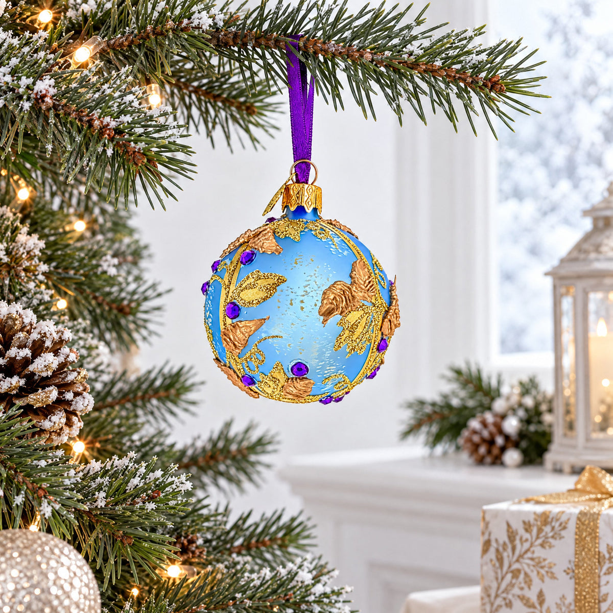 Blue Floral Jeweled Glass Ball Christmas Ornament