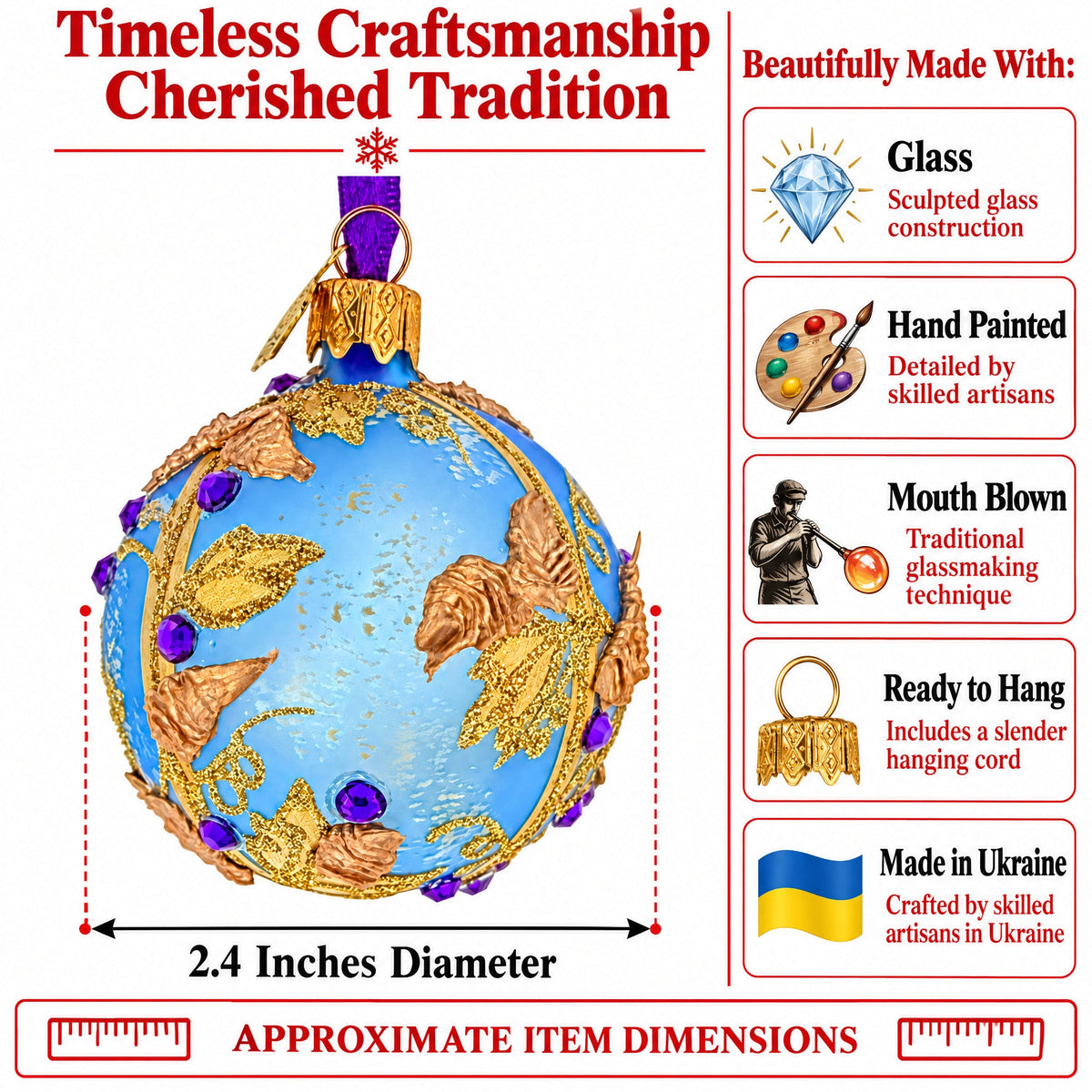 Blue Floral Jeweled Glass Ball Christmas Ornament