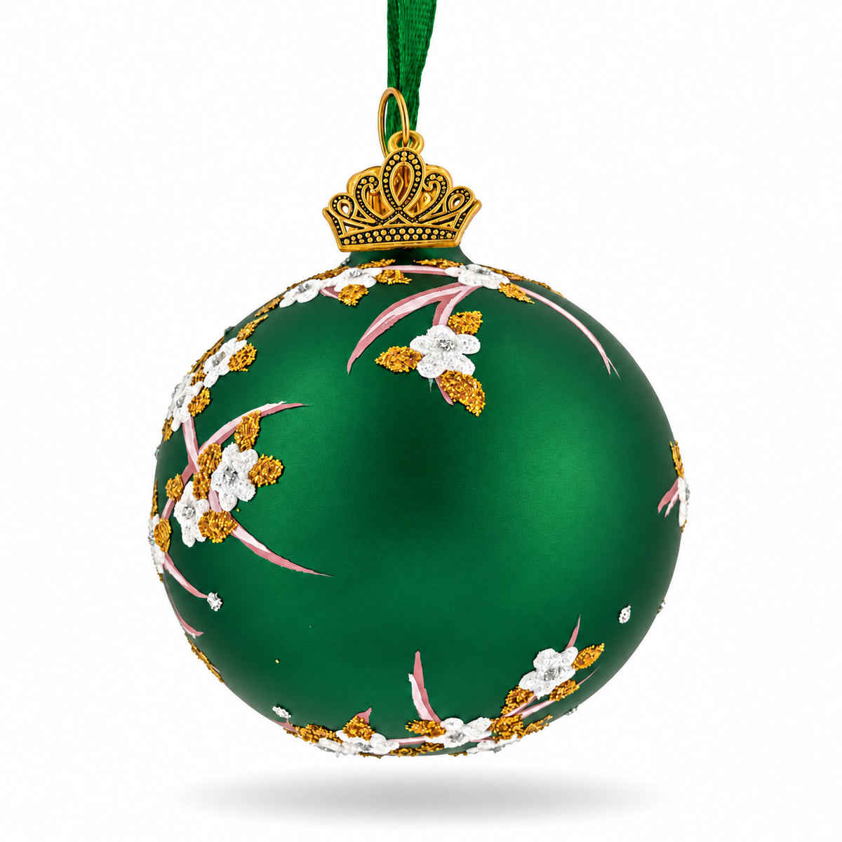 Green Floral Glitter Glass Egg Christmas Ornament