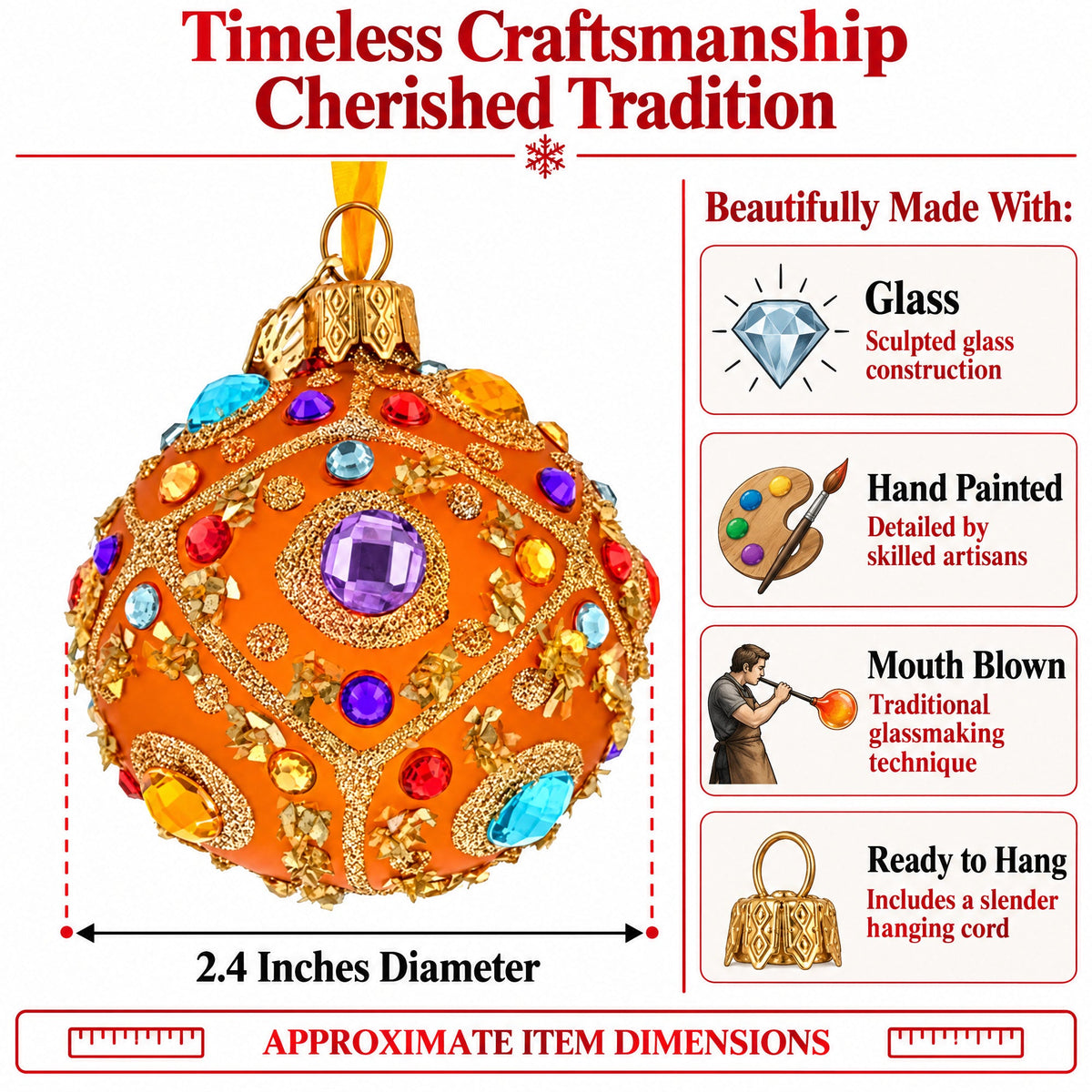 Boutique Amber Jewel Medallion Glass Ball Christmas Ornament