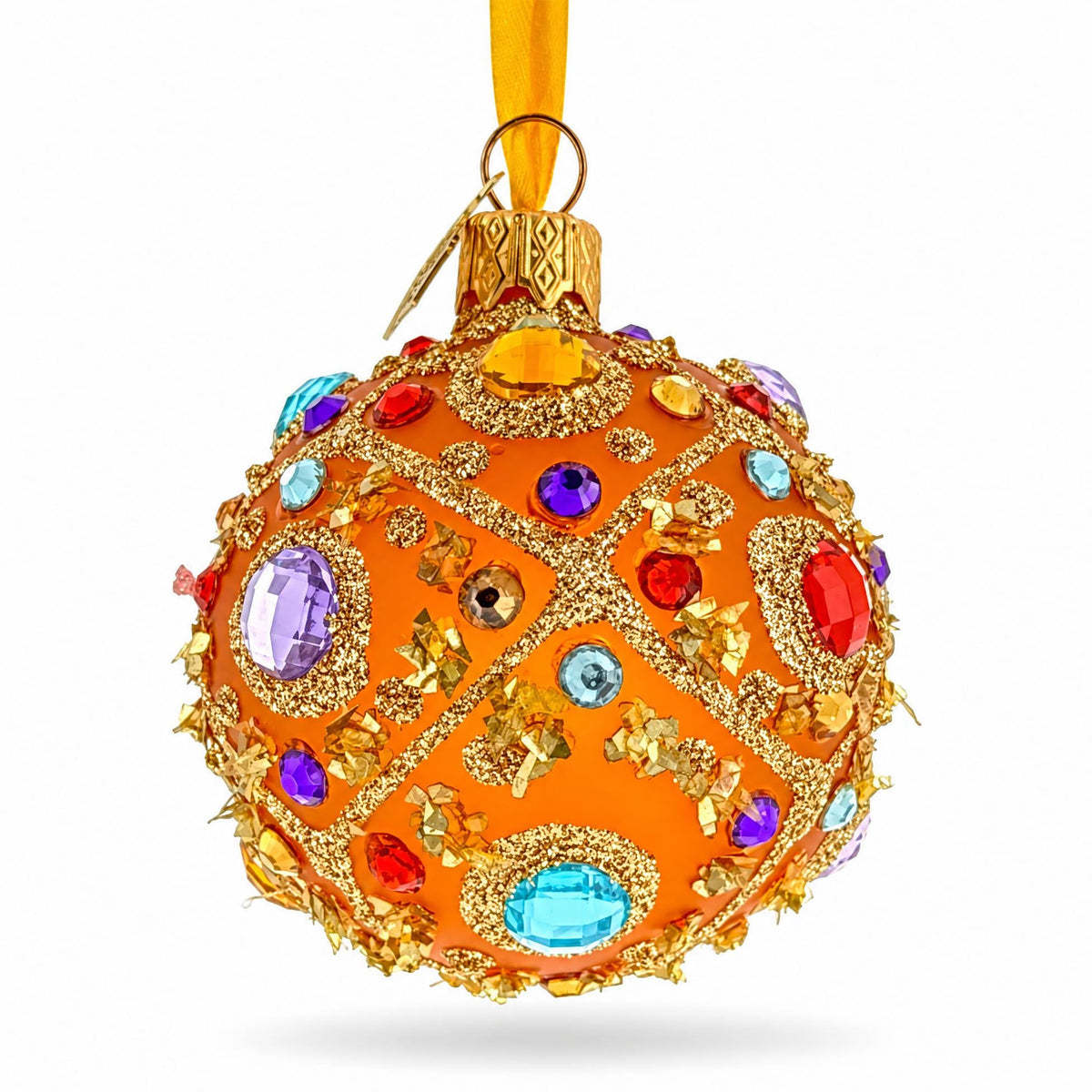Boutique Amber Jewel Medallion Glass Ball Christmas Ornament