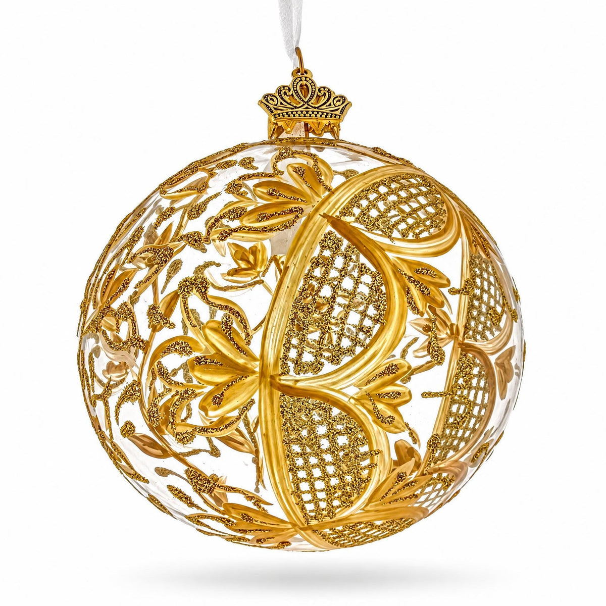 Golden Leaf Filigree Clear Glass Ball Christmas Ornament