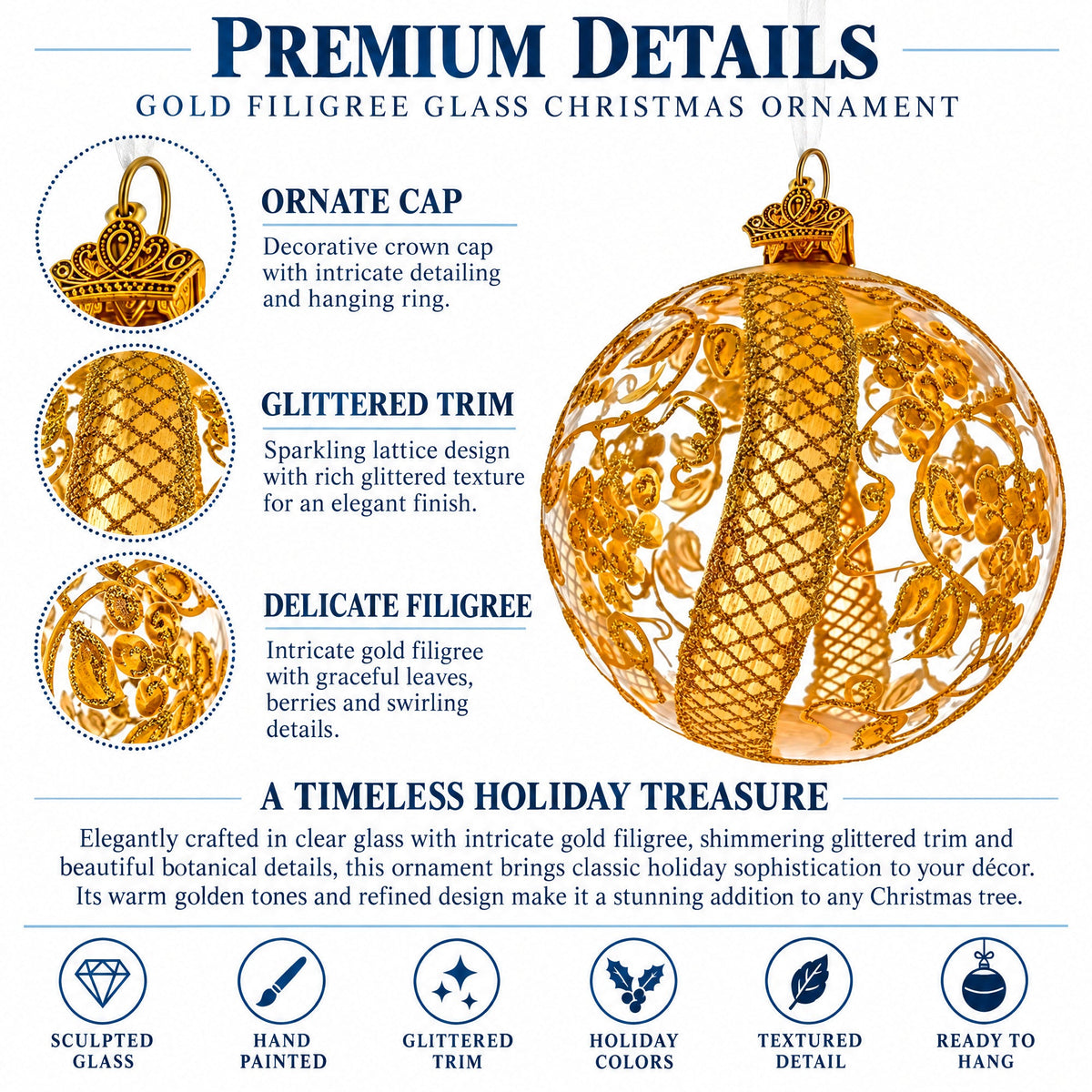Golden Floral Lattice Clear Glass Ball Christmas Ornament