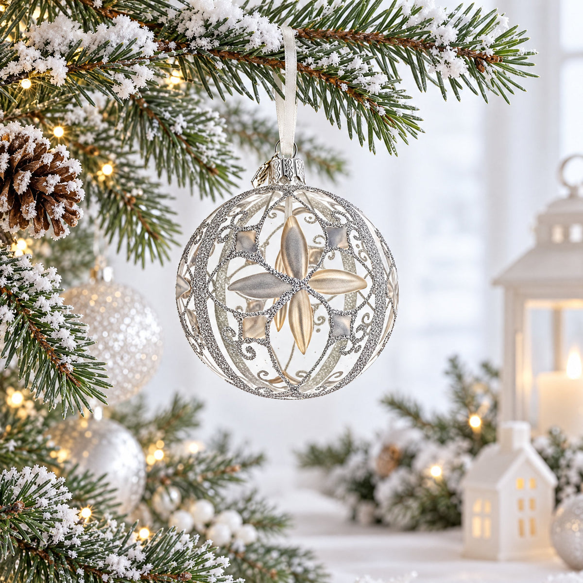 Icy White Flower Scrollwork Clear Glass Ball Christmas Ornament