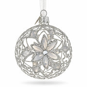 Silver Filigree Floral Design Glass Ball Christmas Ornament