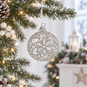 Silver Filigree Floral Design Glass Ball Christmas Ornament