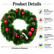 Ukrainian Christmas Wreath with Frosted Straw Bows, Apples & Pine Cones 20 Inches