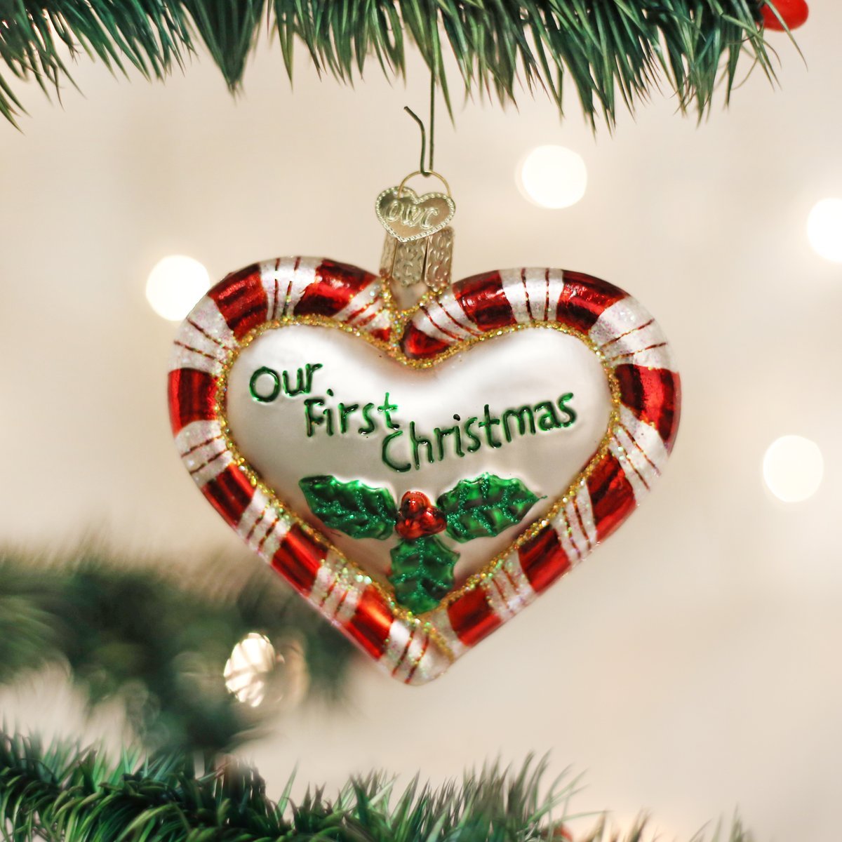 Our First Christmas Peppermint Heart Glass Ornament