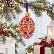 Magenta Purple Jeweled Glitter Scrollwork Glass Egg Christmas Ornament