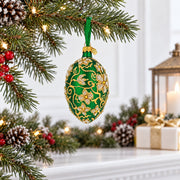 Green Jeweled Glitter Scrollwork Glass Egg Christmas Ornament