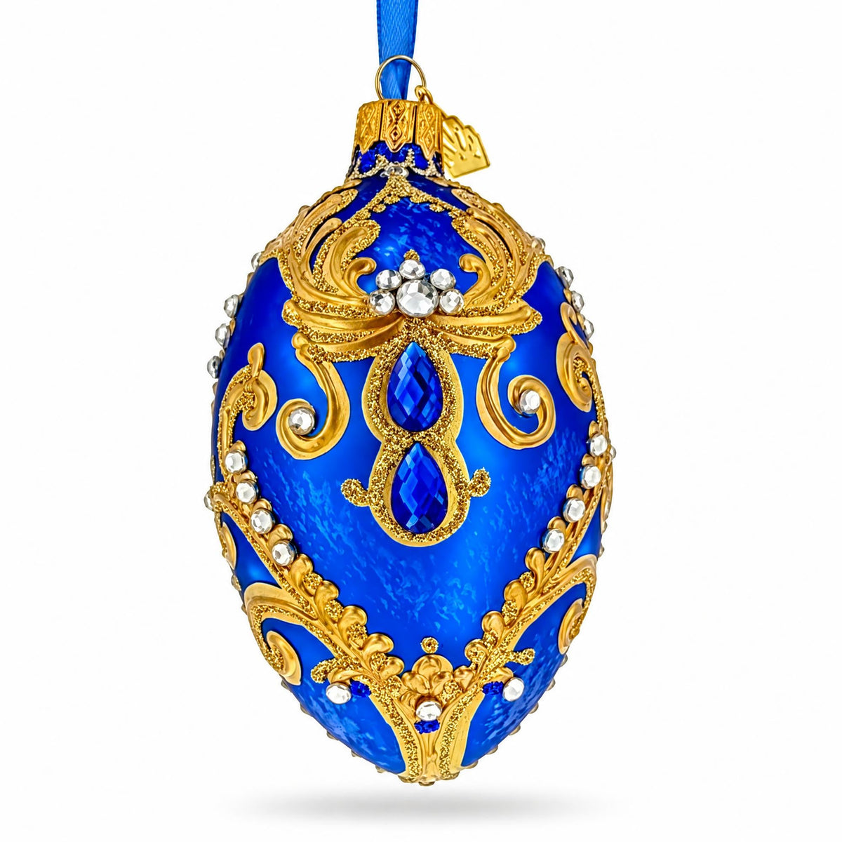 Royal Blue Jeweled Glitter Scrollwork Glass Egg Christmas Ornament