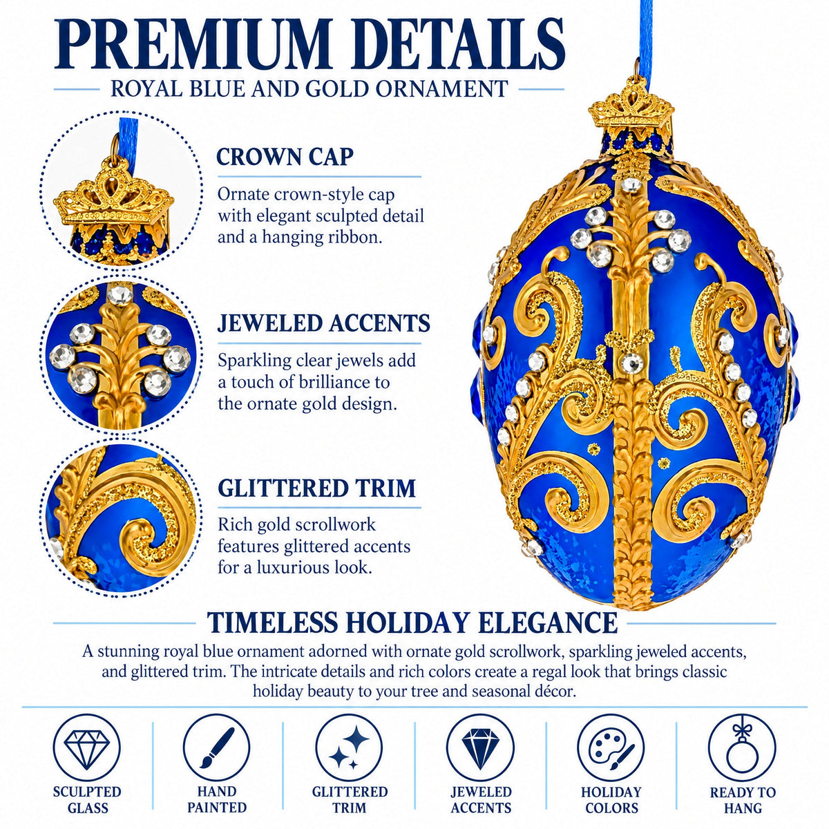 Royal Blue Jeweled Glitter Scrollwork Glass Egg Christmas Ornament