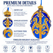 Royal Blue Jeweled Glitter Scrollwork Glass Egg Christmas Ornament