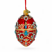 Red Jeweled Glitter Scrollwork Glass Egg Christmas Ornament