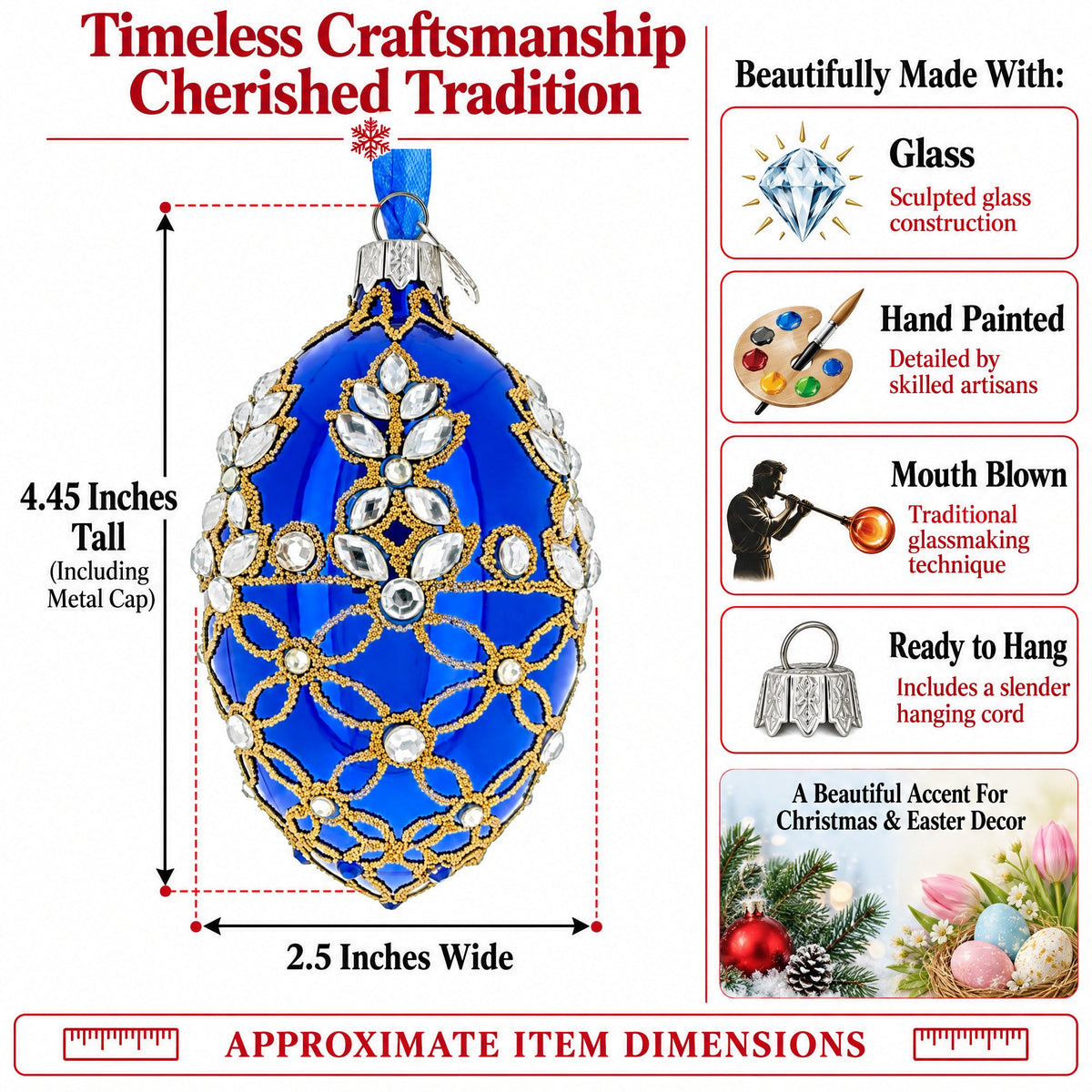 Blue Jeweled Floral Glass Egg Christmas Ornament