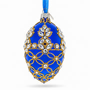 Blue Jeweled Floral Glass Egg Christmas Ornament