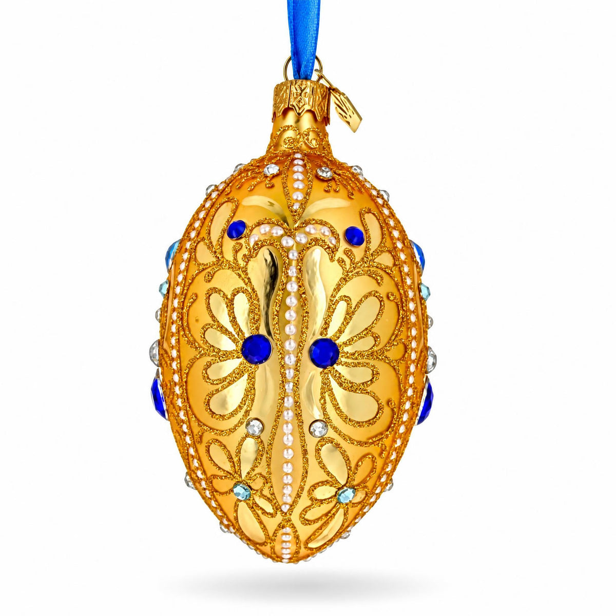 Gold Jeweled Scrollwork Glass Egg Christmas Ornament