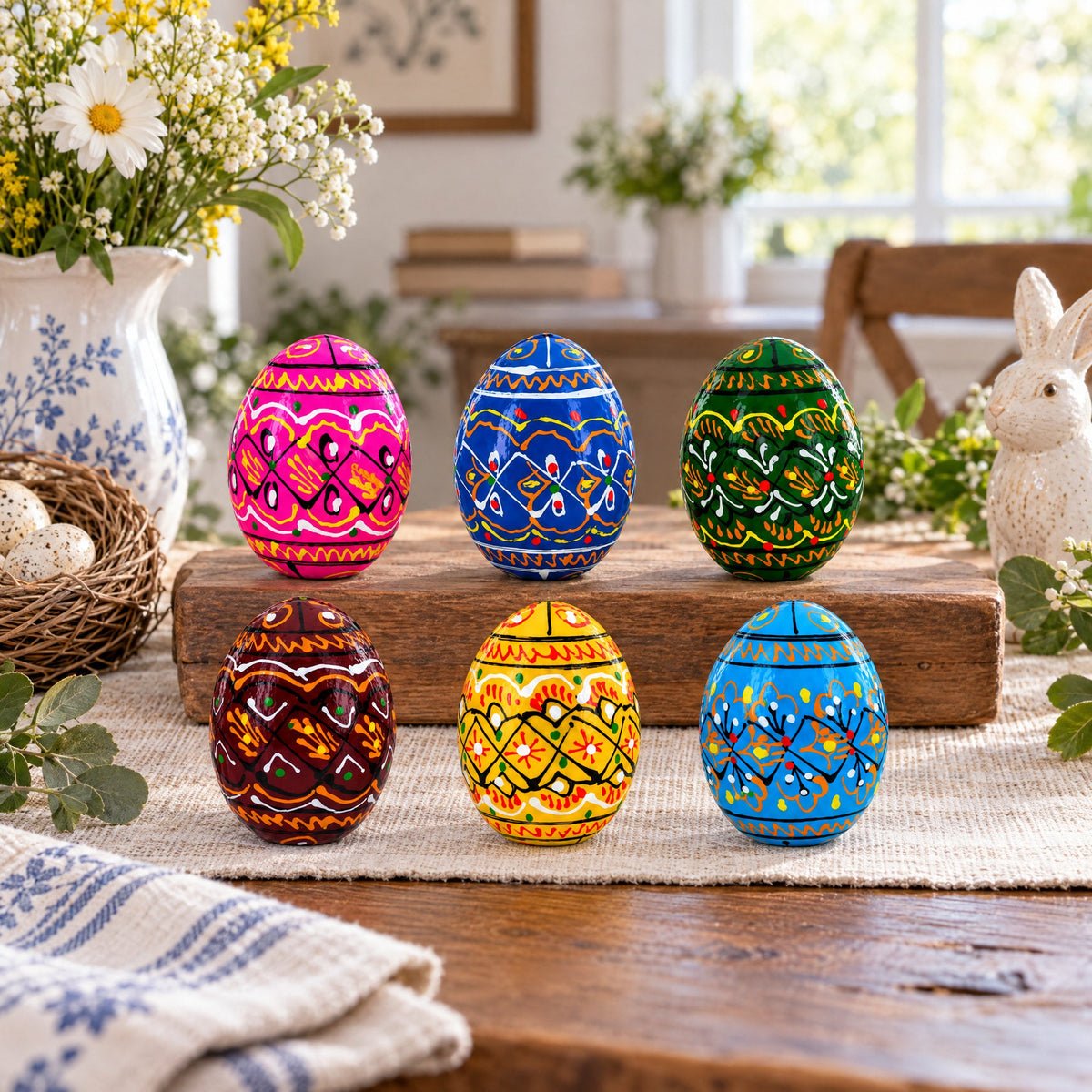 Set of 6 Miniature Ukrainian Wooden Easter Eggs Pysanky 1.5 Inches