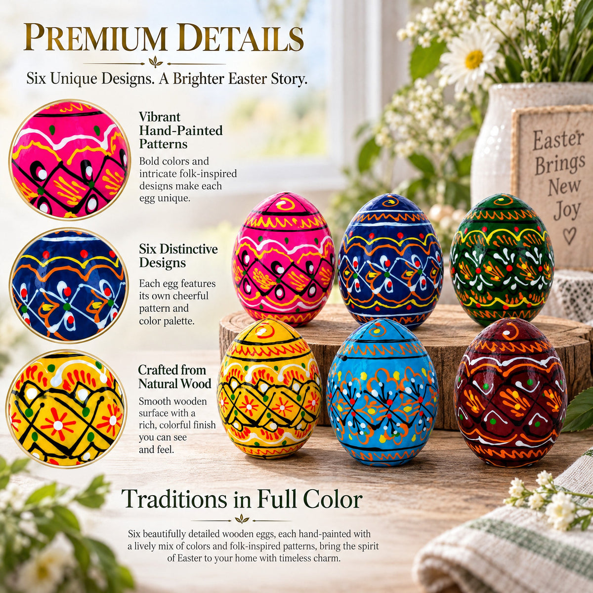 Set of 6 Miniature Ukrainian Wooden Easter Eggs Pysanky 1.5 Inches