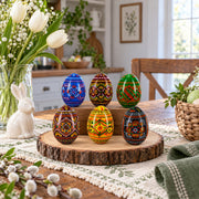 Set of 6 Geometric Pysanky Ukrainian Wooden Easter Eggs 2.5 Inches