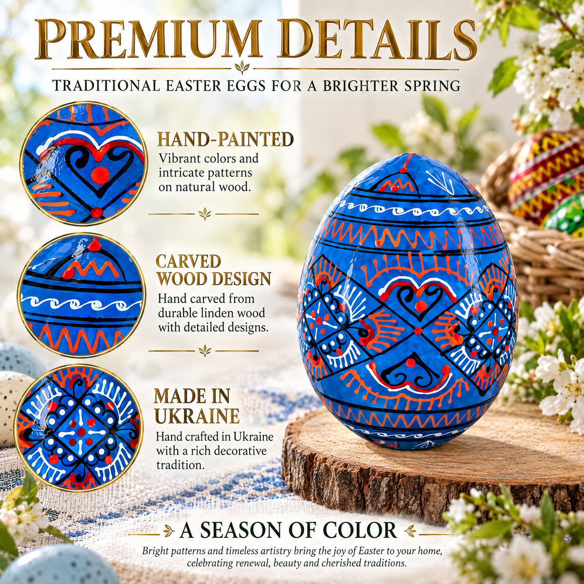 Set of 6 Geometric Pysanky Ukrainian Wooden Easter Eggs 2.5 Inches