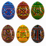 Set of 6 Geometric Pysanky Ukrainian Wooden Easter Eggs 2.5 Inches