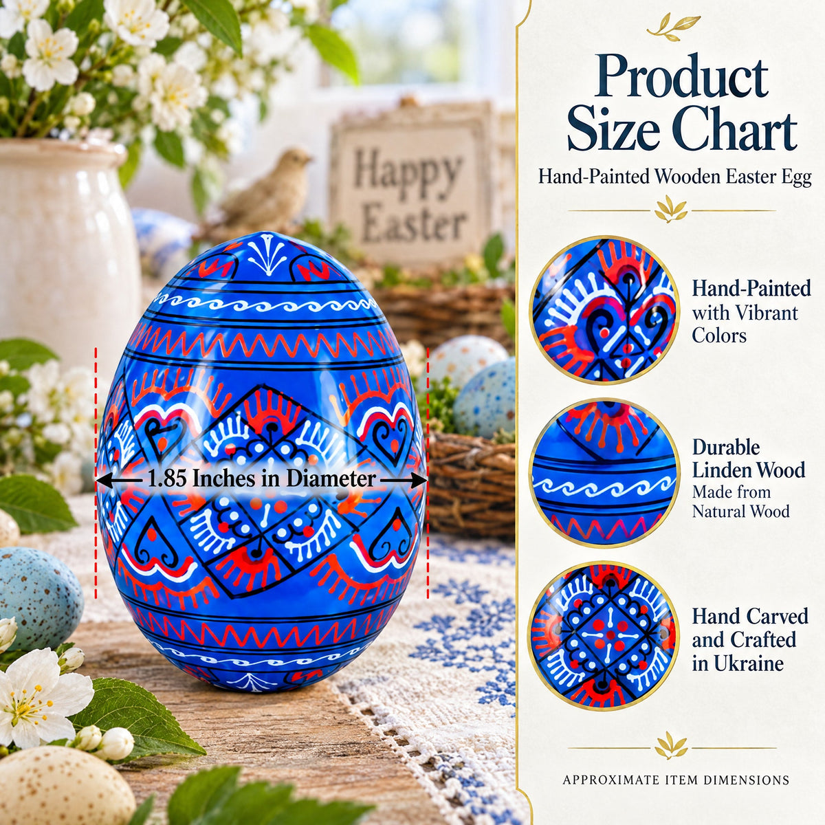 Set of 6 Geometric Pysanky Ukrainian Wooden Easter Eggs 2.5 Inches